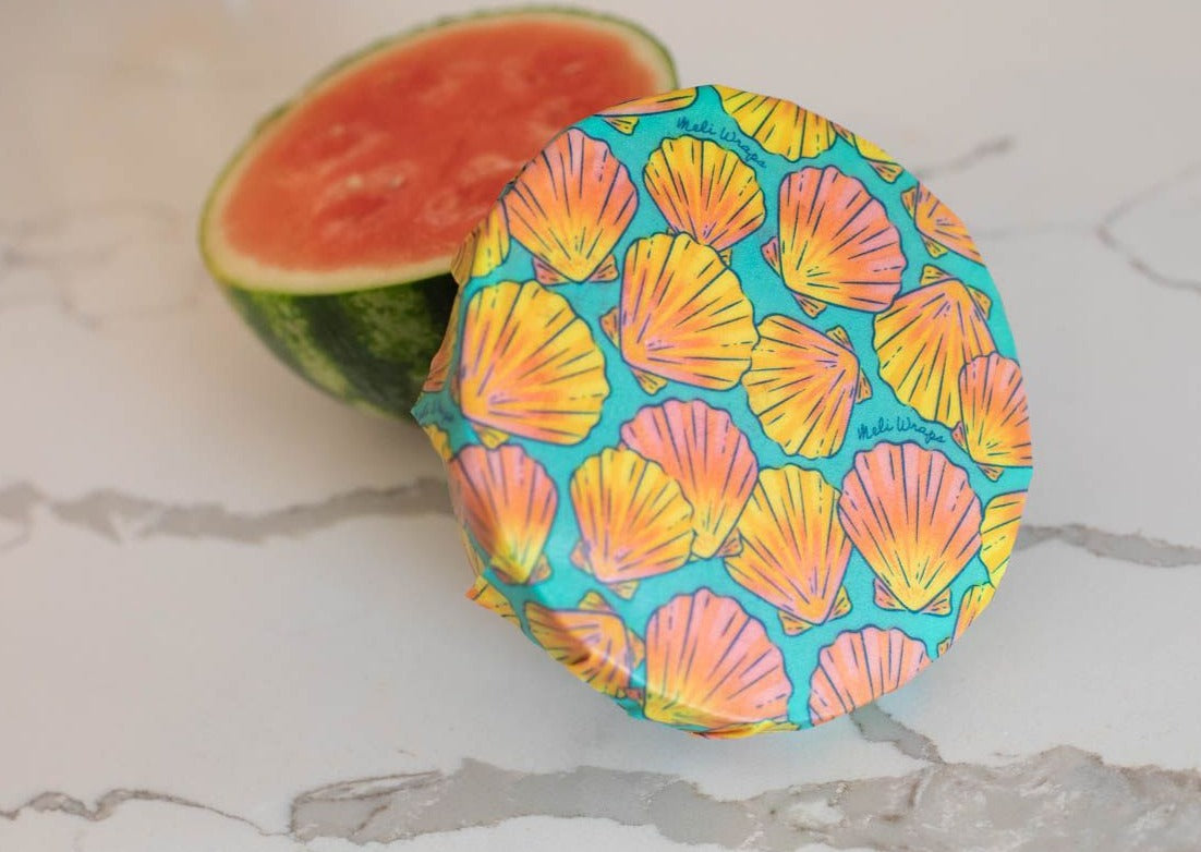 Beeswax Wrap Bulk Roll by Meli Wraps with shells print, reusable beeswax food wrap for eco-friendly food storage.