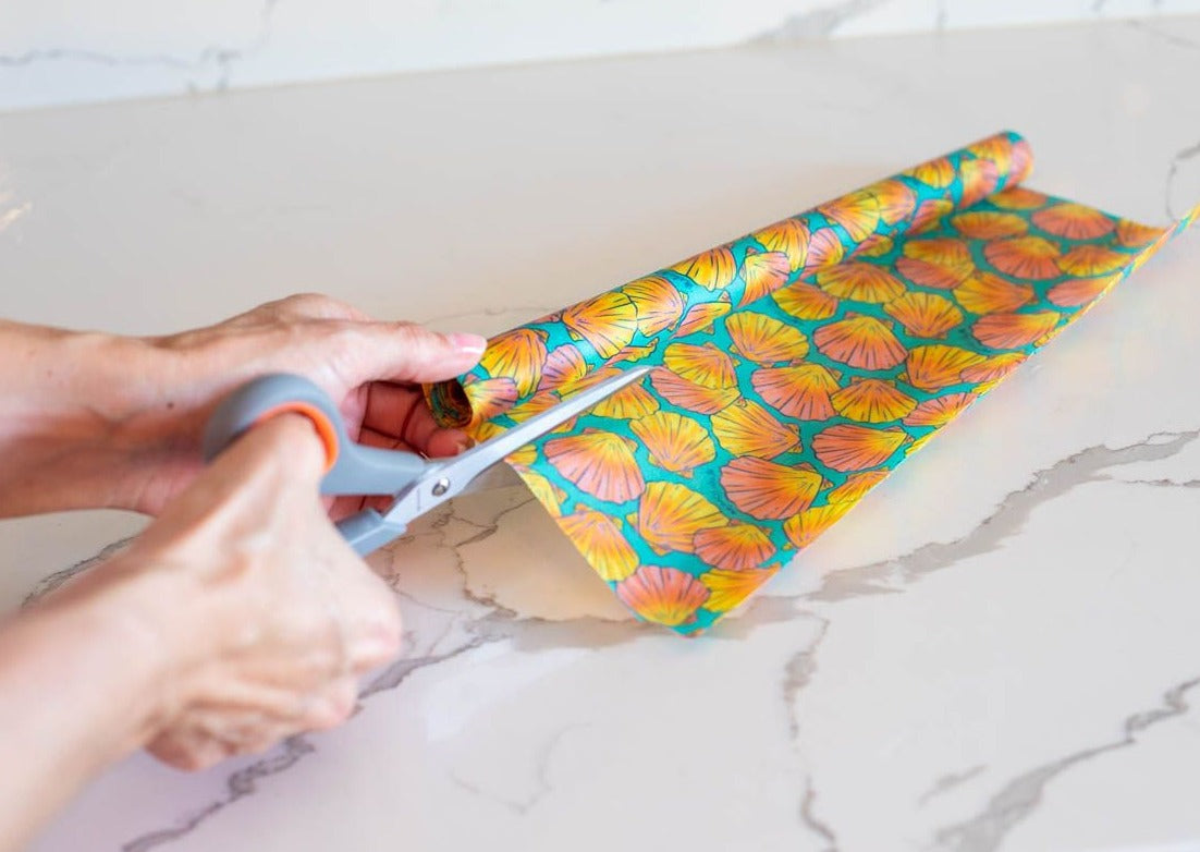 Meli Wraps beeswax wrap bulk roll with shells print, reusable beeswax rolls for eco-friendly food storage.