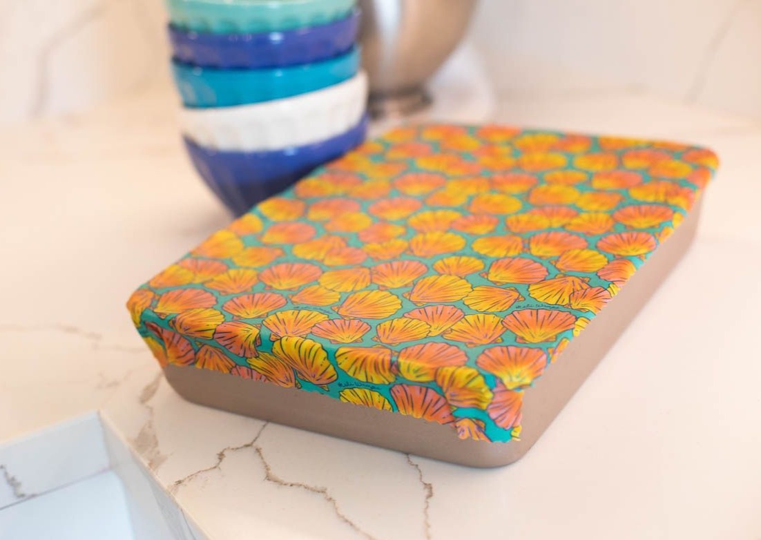Meli Wraps beeswax wrap bulk roll with shell print, natural beeswax-coated reusable food wrap, eco-friendly kitchen accessory