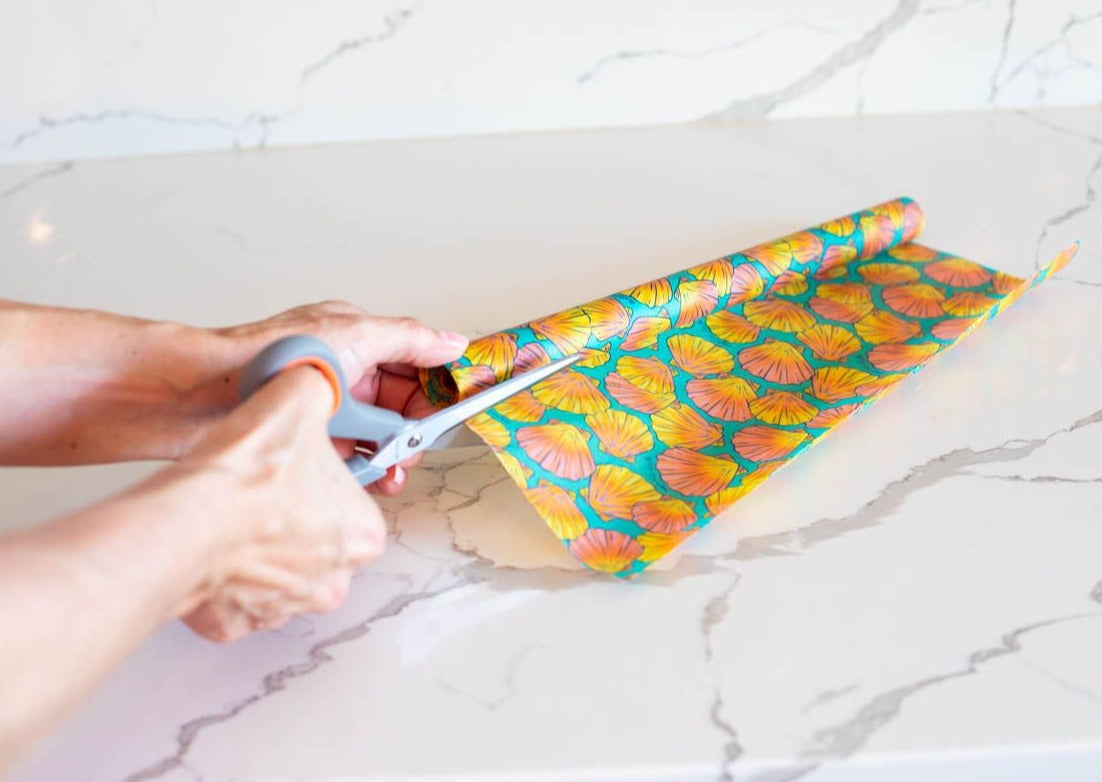 Beeswax Wrap Bulk Roll by Meli Wraps with Shells print, natural beeswax-coated reusable food wrap roll for eco-friendly storage.