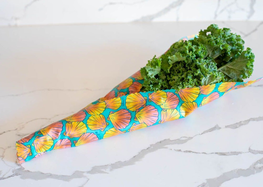 Meli Wraps beeswax roll in shells print, natural beeswax wrap bulk roll for food storage and wrapping.