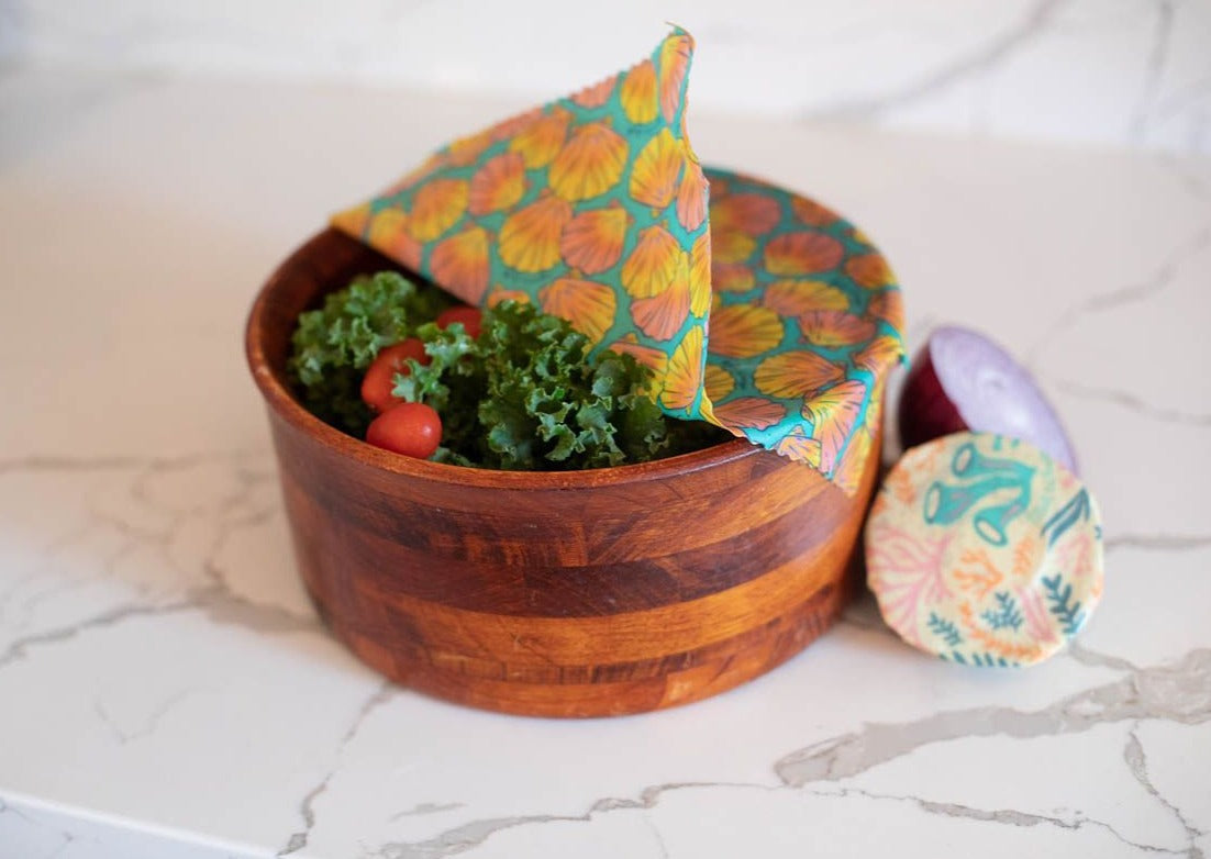 Meli Wraps beeswax wrap bulk roll with shells print, natural reusable beeswax food wrap for eco-friendly storage.