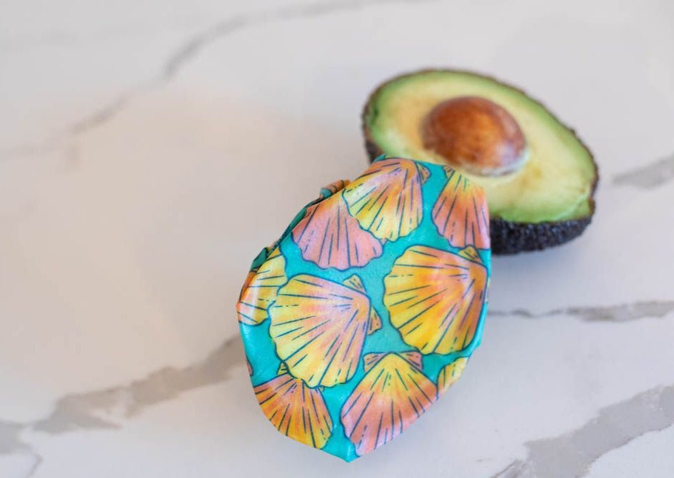 Meli Wraps beeswax roll in shells print, natural beeswax wrap bulk roll for eco-friendly food storage, textured shell pattern.
