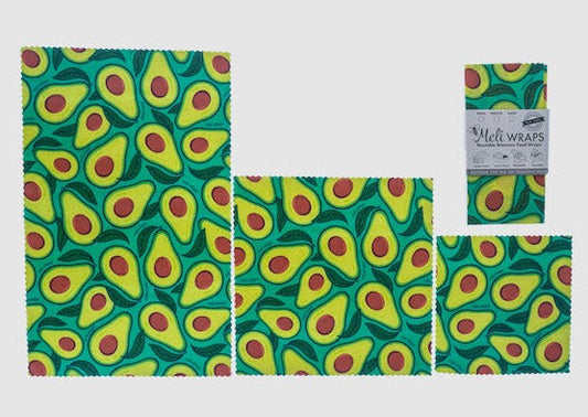 Set of Meli Wraps beeswax food wraps in avocado print, featuring small, medium, and large sizes for eco-friendly food storage.