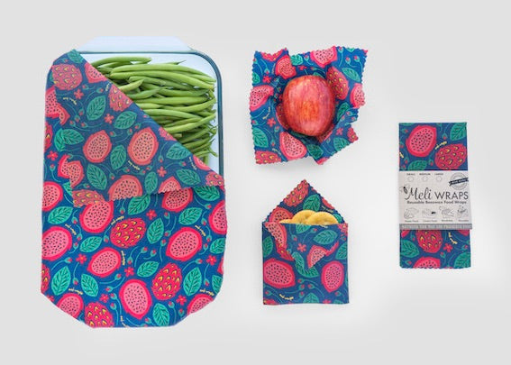Set of Meli Wraps beeswax food wraps in small, medium, and large with vibrant dragonfruit print, ideal for food storage.