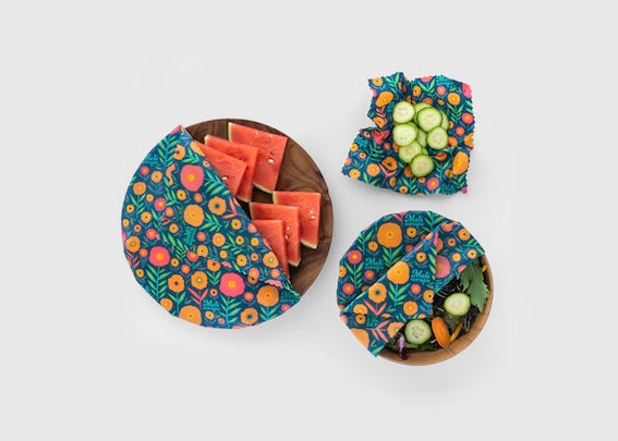 Set of three Meli Wraps beeswax food wraps in fall bloom print, small, medium, and large sizes for food storage and wrapping.