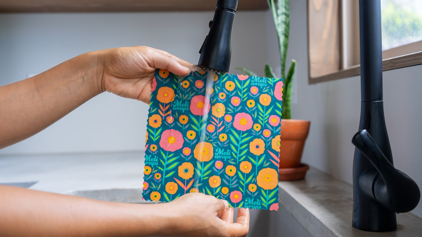 Set of three Meli Wraps beeswax food wraps in fall bloom print, eco-friendly beeswax wraps for food storage in various sizes