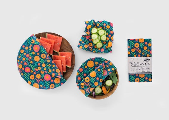 Set of three Meli Wraps beeswax food wraps in fall bloom print, small, medium, and large sizes for eco-friendly food storage.