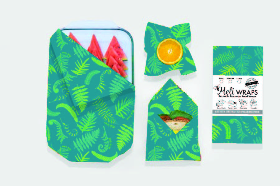 Set of three Meli Wraps beeswax food wraps with fern print in small, medium, and large sizes for food storage.