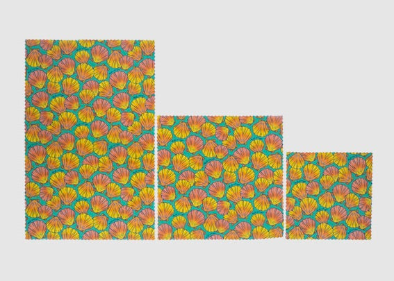Set of Meli Wraps beeswax food wraps with sunrise shell print in small, medium, and large sizes on a white background.