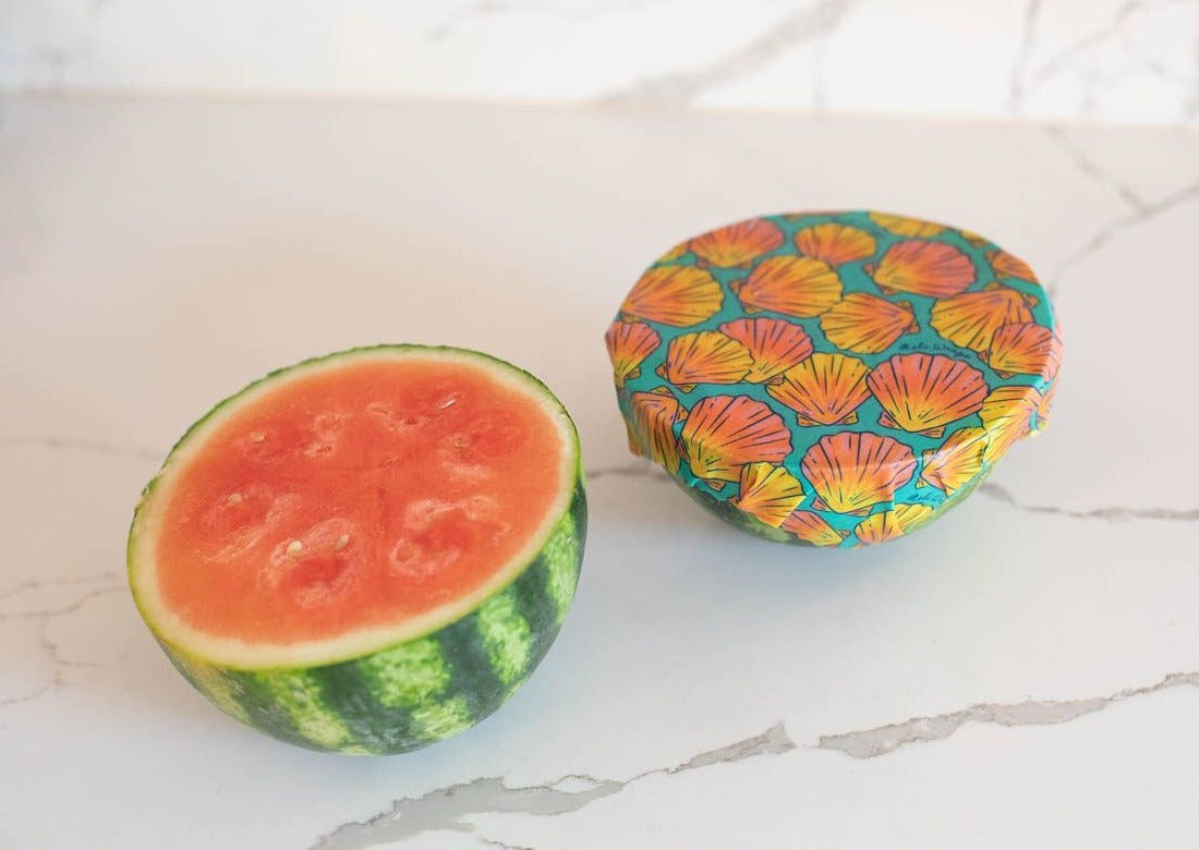 Set of three Meli Wraps beeswax food wraps with sunrise shell print in small, medium, and large sizes for food storage.