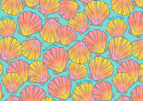 Set of Meli Wraps beeswax food wraps with sunrise shell print in small, medium, and large sizes for food storage and wrapping.