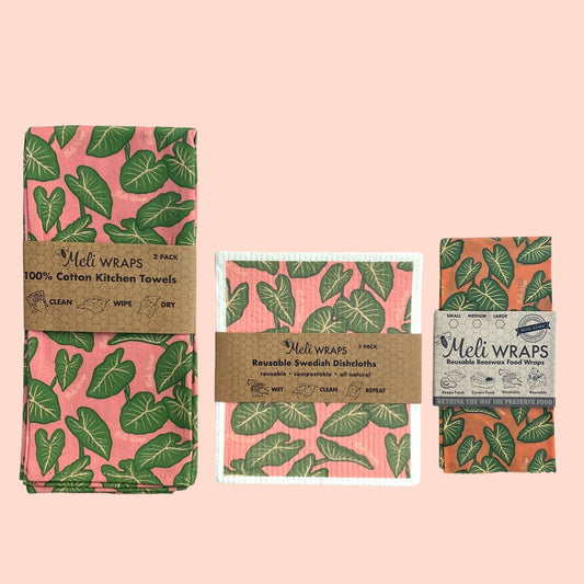 Meli Wraps Kalo Gift Set with reusable beeswax wraps in various sizes, featuring vibrant patterns on natural cotton fabric.