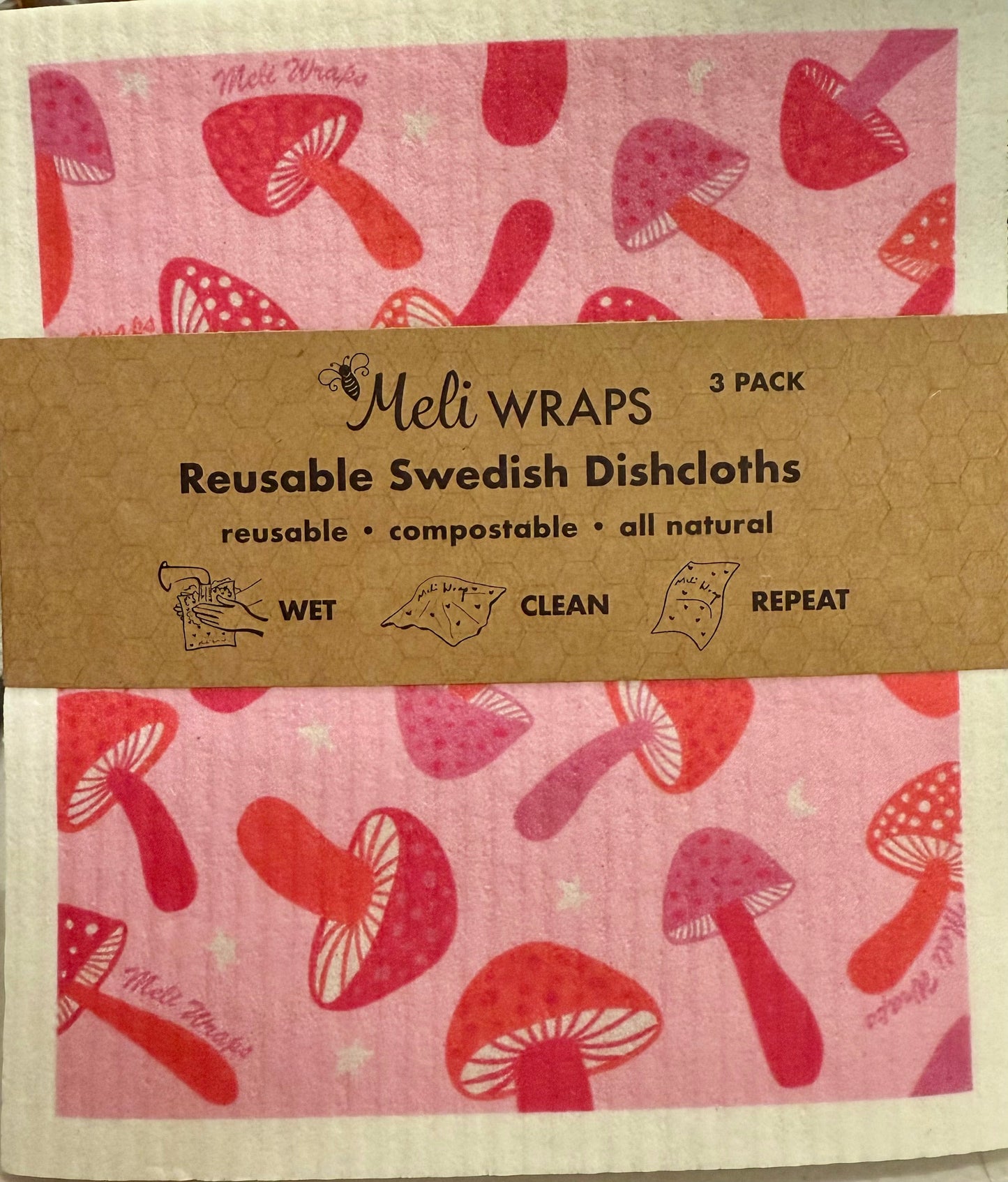 Pink Mushroom Swedish Dish Cloth Set of 3 - Blessings Grow Meadows