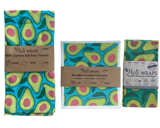 Eco-friendly avocado gift set by Meli Wraps featuring reusable wraps with avocado print on natural fabric.