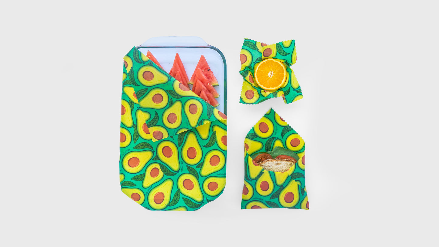 Meli Wraps avocado gift set with eco-friendly wraps featuring avocado illustrations, suitable for food storage and gift presentation.