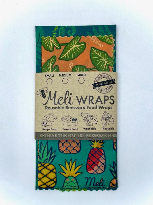 Set of three Meli Wraps beeswax wraps in Hawaiiana print, including small, medium, and large sizes for eco-friendly food storage.