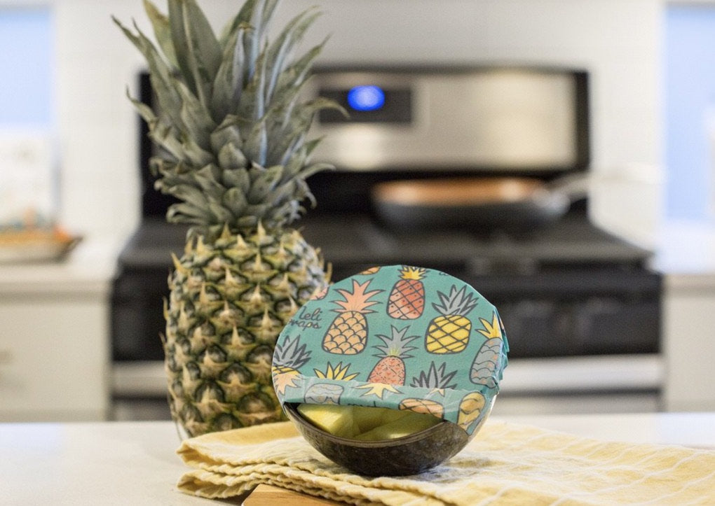 Set of three Meli Wraps beeswax wraps in Hawaiiana print, including small, medium, and large sizes for eco-friendly food storage.