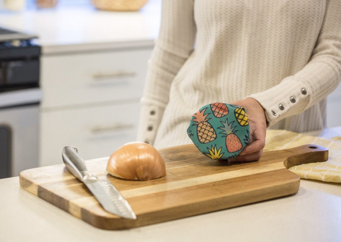 Set of three Meli Wraps beeswax wraps in Hawaiiana print, including small, medium, and large wraps for eco-friendly food storage.