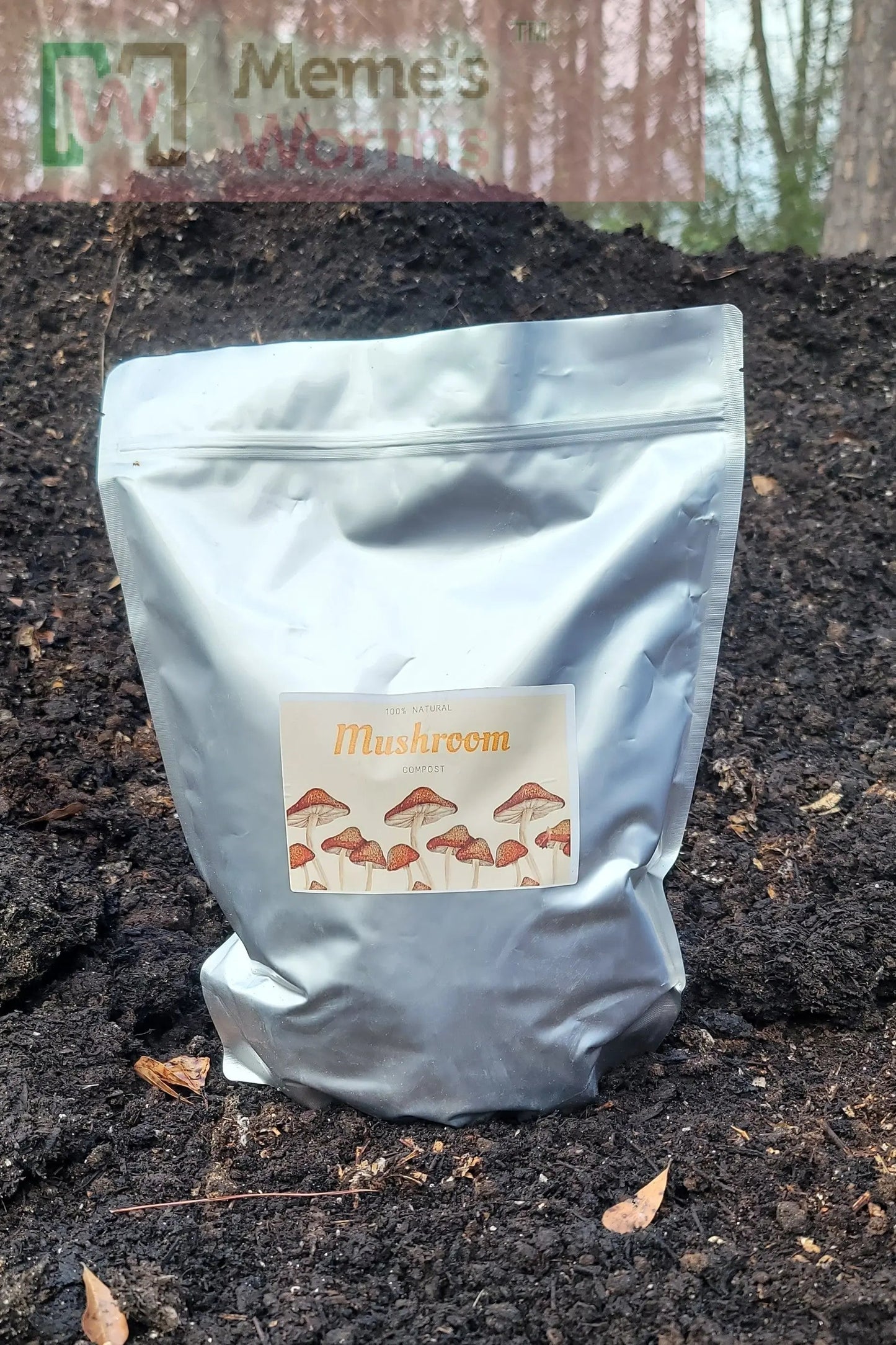 Meme's Worms Mushroom Compost in a 1-gallon bag, rich organic soil for mushroom cultivation and gardening.