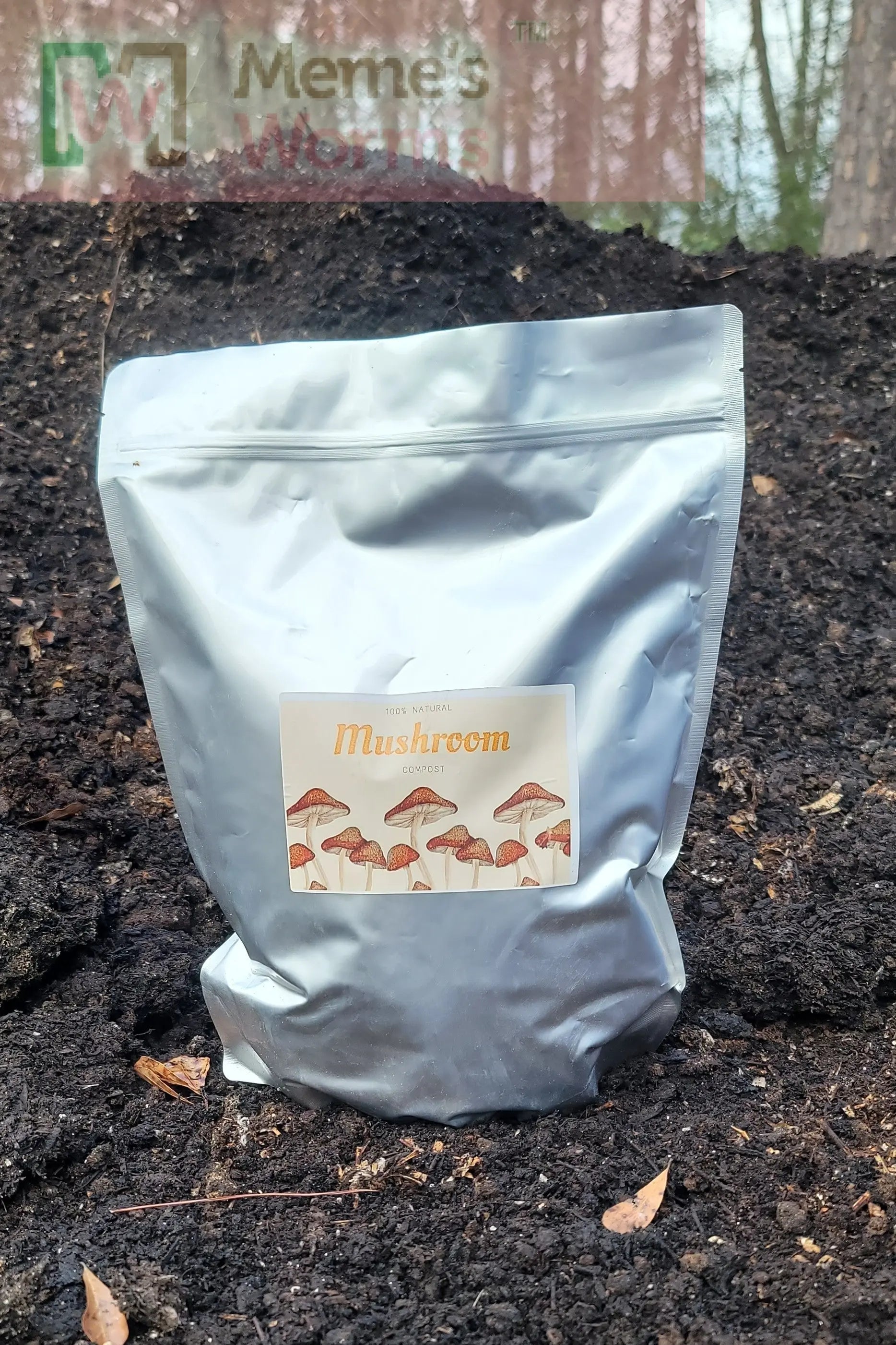 Meme's Worms Mushroom Compost in a 1-gallon bag, rich organic soil for mushroom cultivation and gardening.