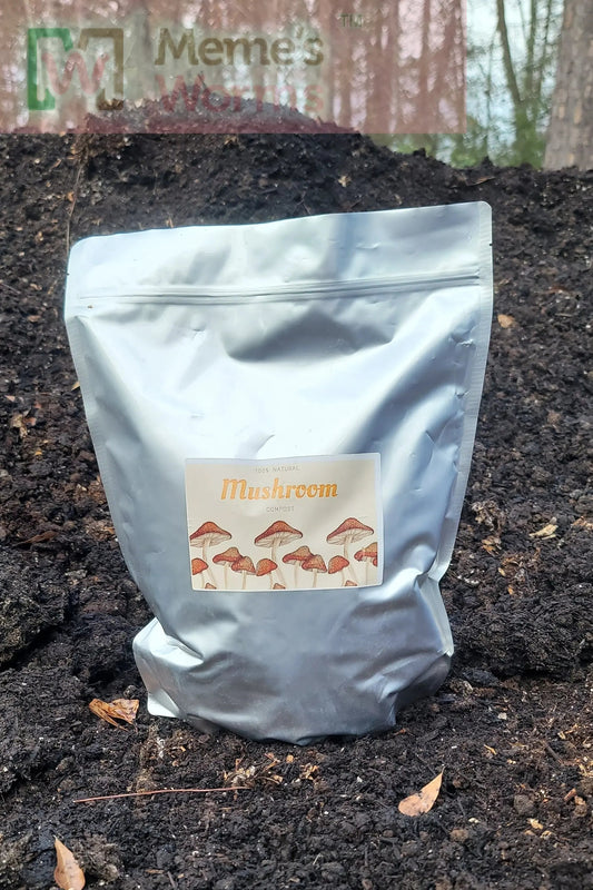 Meme's Worms Mushroom Compost in a 1-gallon bag, rich organic soil for mushroom cultivation and gardening.