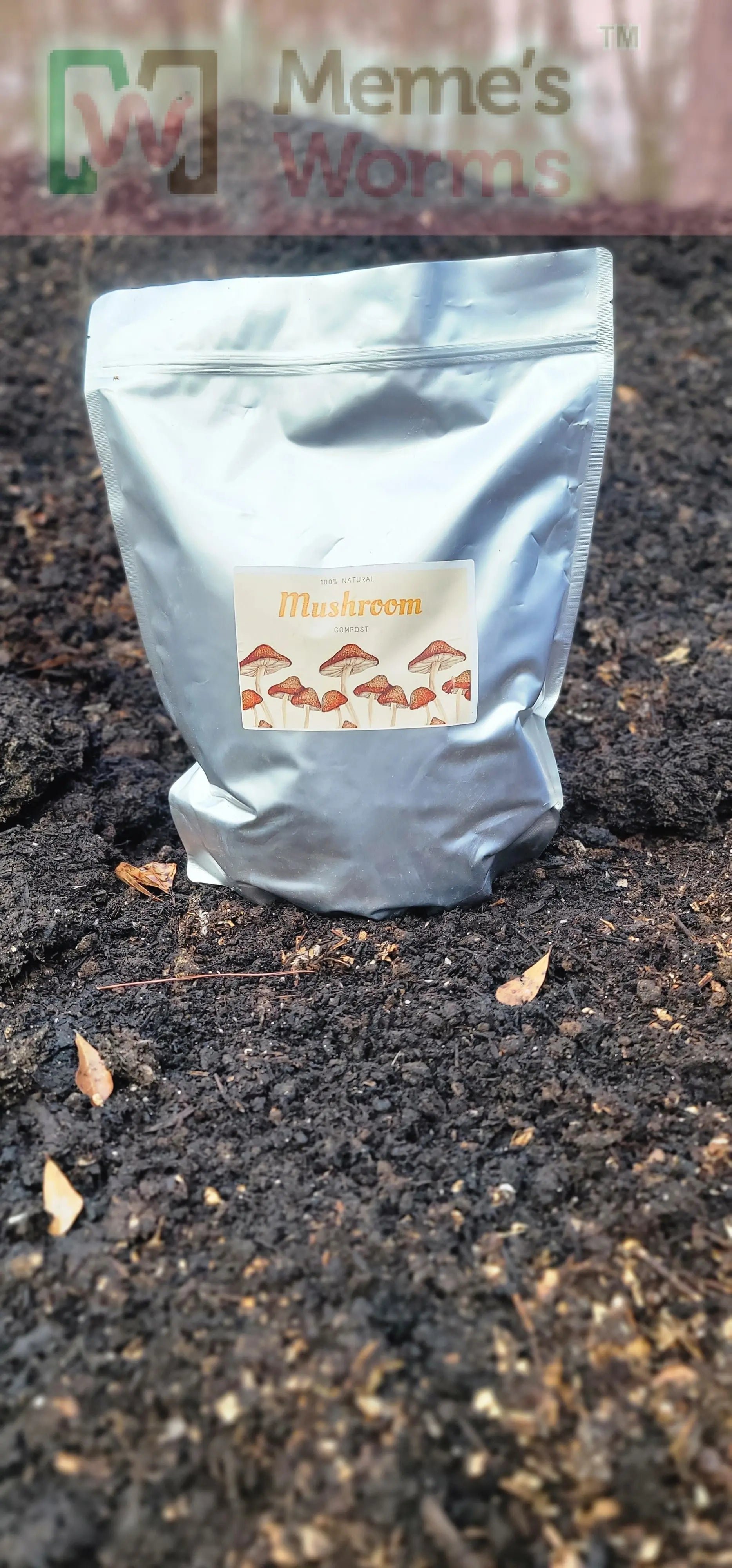 Meme's Worms mushroom compost in a 1-gallon bag, rich organic soil for mushroom cultivation and gardening.