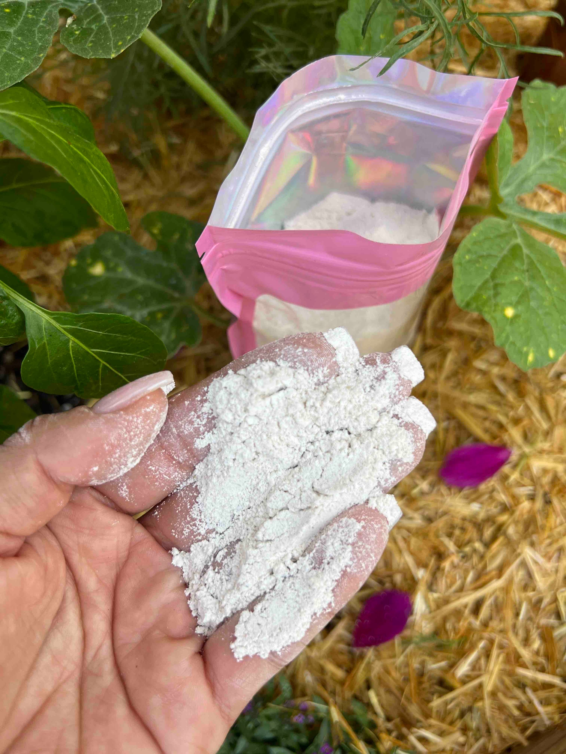 One-pound bag of Meme's Worms Oyster Shell Flour, natural white powder used for gardening and composting.