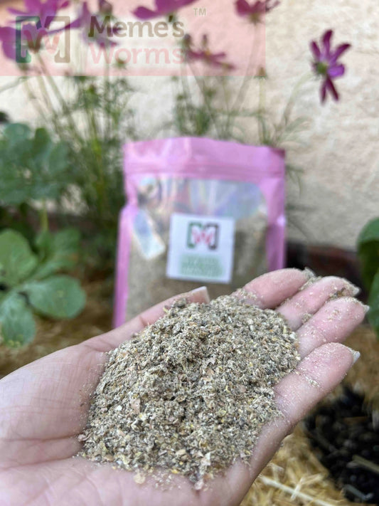 Meme's Worms Premium Worm Chow, 1 lb bag, high-quality feed for pet worms, with natural ingredients and nutritious formula.