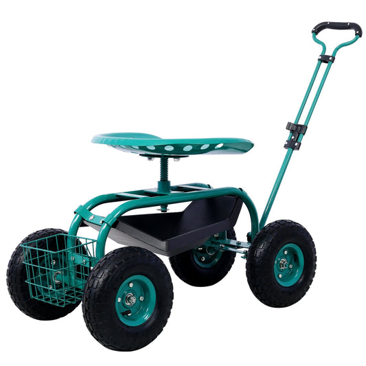 Green Mercantile Mountain rolling garden scooter with wheels, tool tray, and 360 swivel seat for outdoor gardening and recreation.