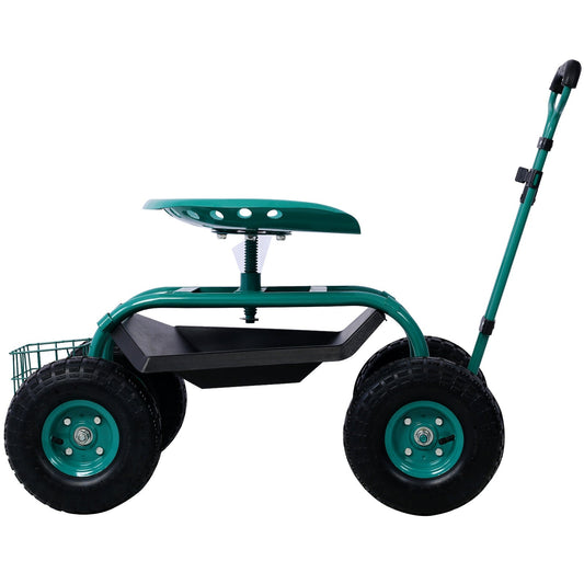 Mercantile Mountain rolling garden scooter cart with green seat, wheels, tool tray, and 360-degree swivel for outdoor gardening tasks.