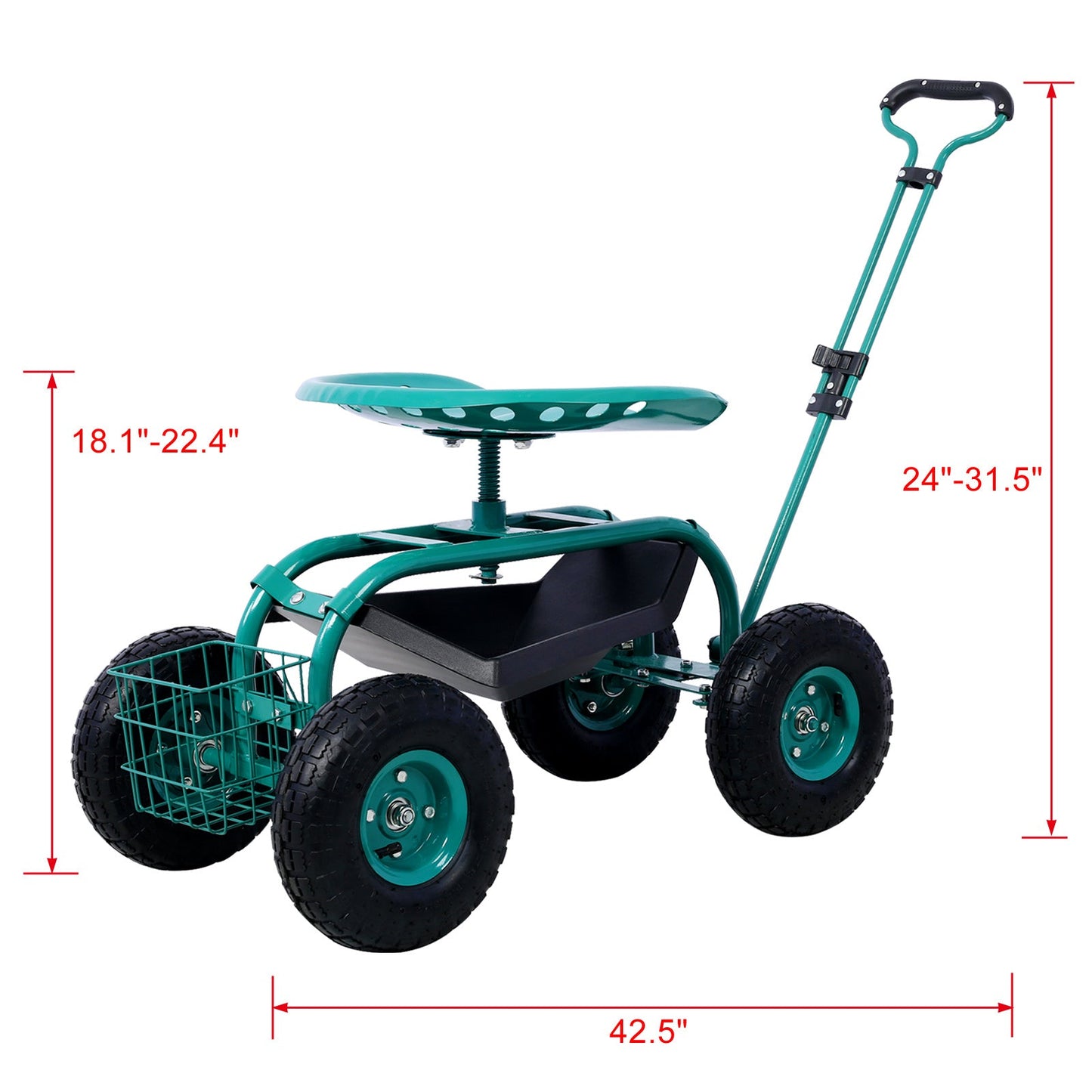 Green Mercantile Mountain rolling garden cart seat with wheels, tool tray, and 360-degree swivel for outdoor gardening tasks.