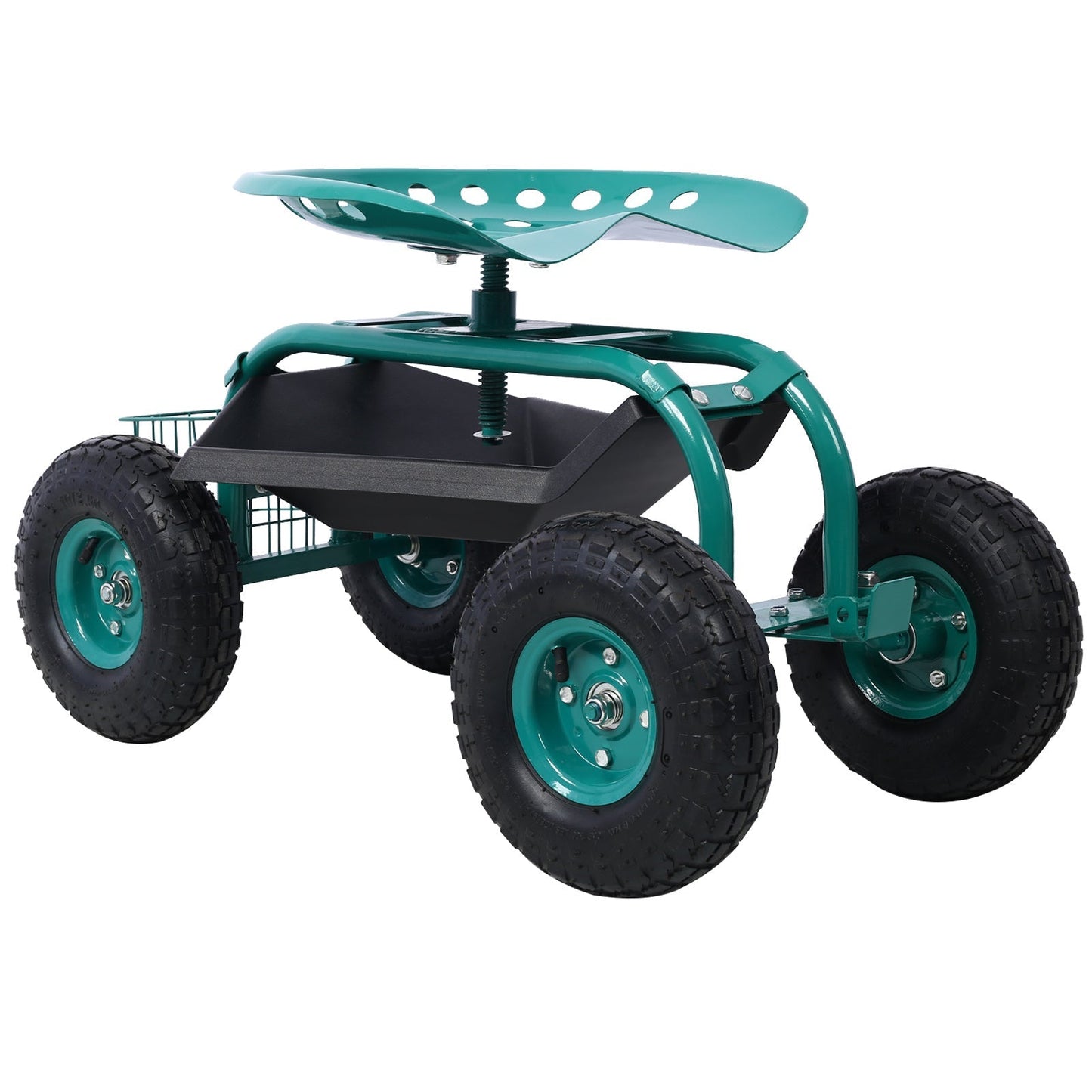 Green Mercantile Mountain rolling garden scooter with wheels, 360 swivel seat, tool tray, ideal for outdoor gardening tasks.