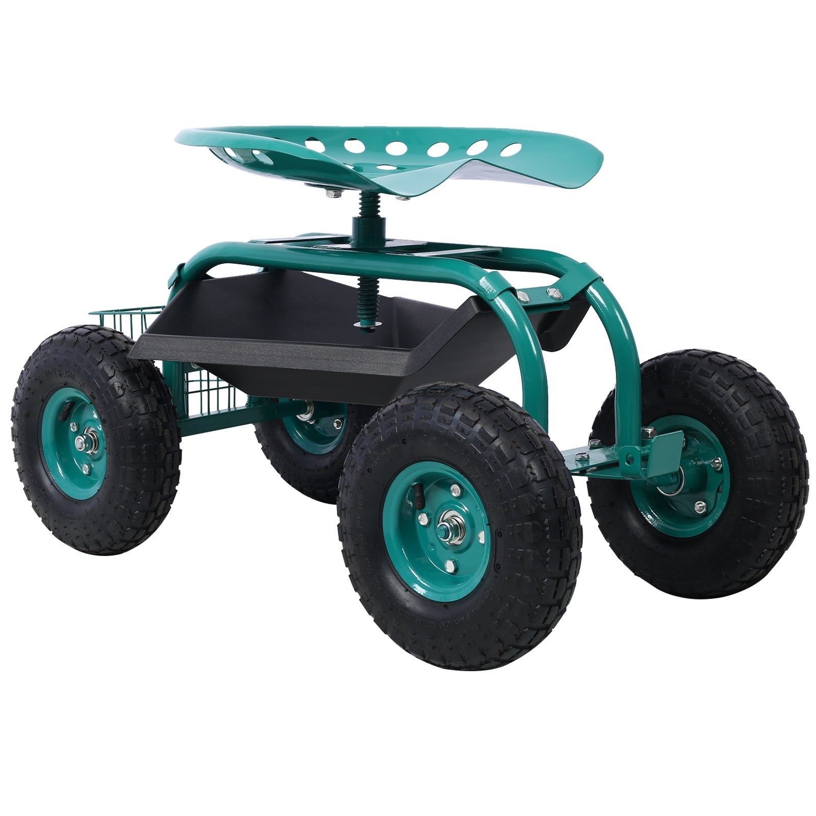 Green Mercantile Mountain rolling garden scooter with wheels, 360 swivel seat, tool tray, ideal for outdoor gardening tasks.