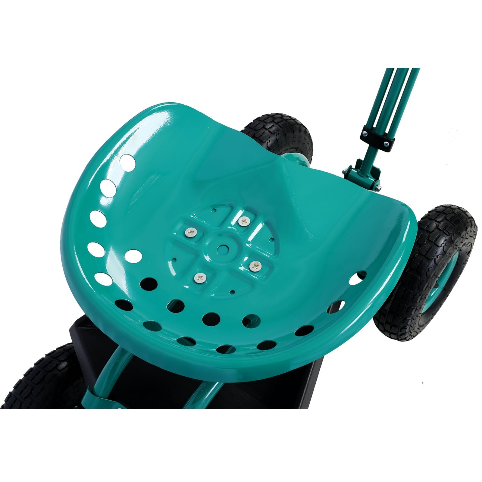 Green Mercantile Mountain rolling garden scooter with wheels, tool tray, and 360 swivel seat for outdoor gardening tasks.
