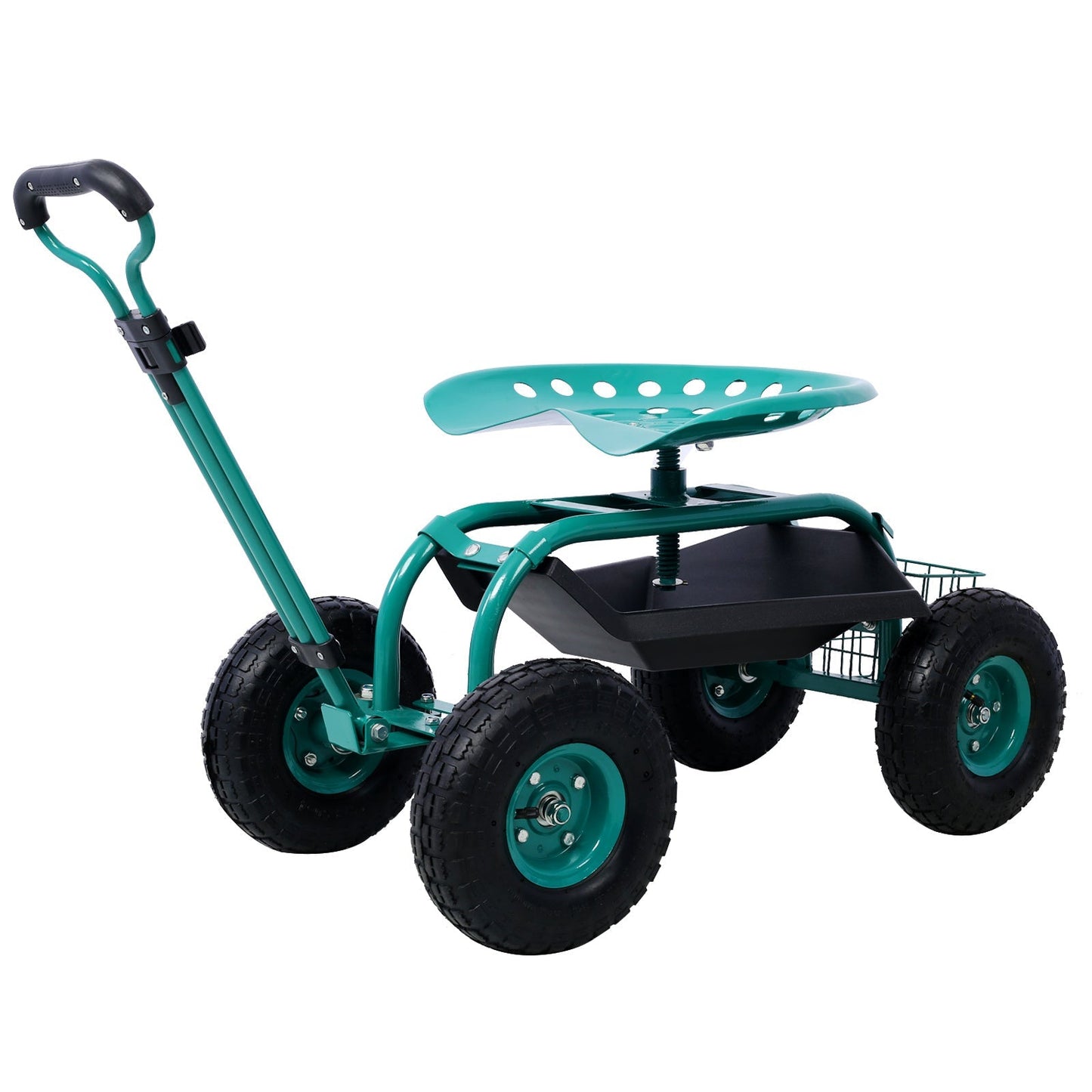 Green Mercantile Mountain rolling garden scooter with wheels, 360 swivel seat, and tool tray for outdoor gardening tasks.