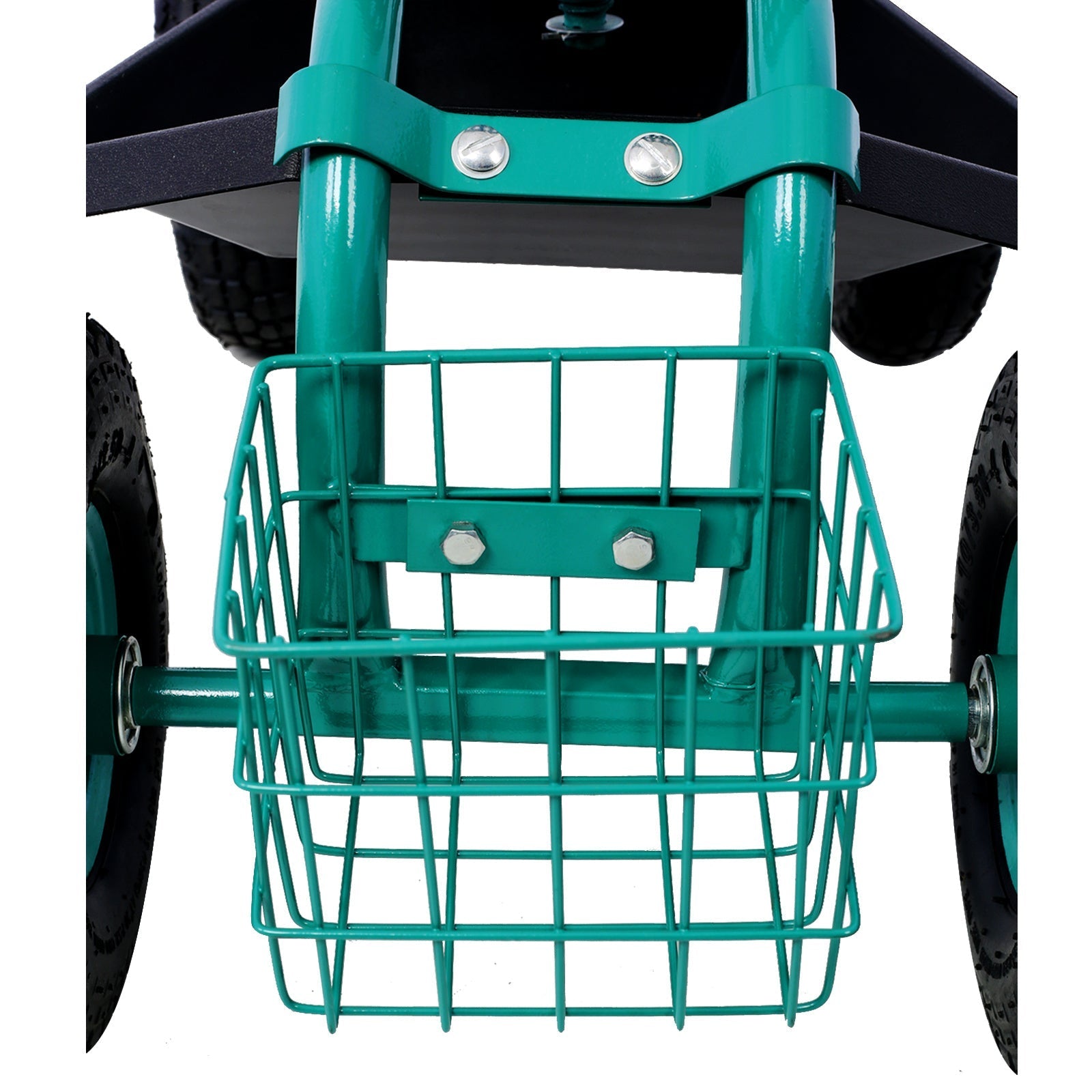 Green Mercantile Mountain rolling garden cart seat with wheels, tool tray, and 360-degree swivel for outdoor gardening tasks.