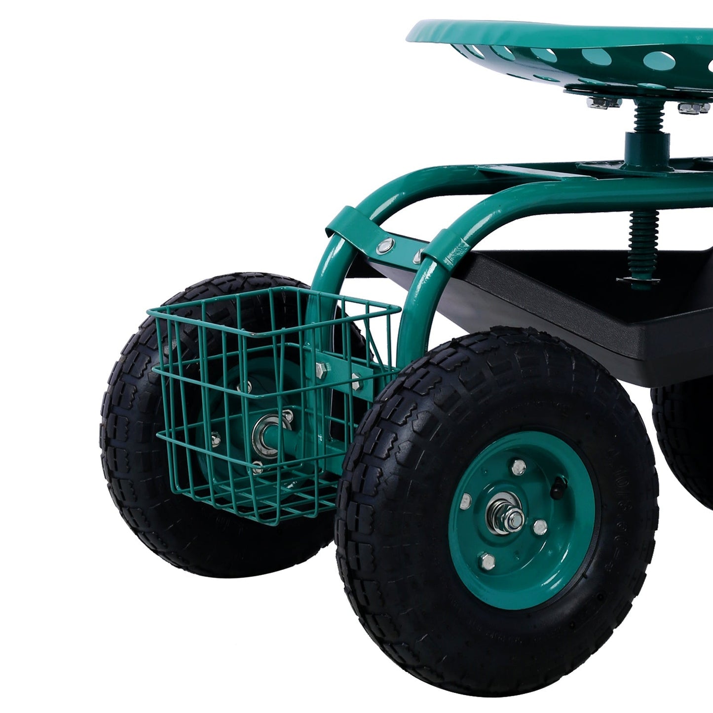 Green Mercantile Mountain rolling garden scooter with wheels, tool tray, and 360 swivel seat for outdoor gardening and recreation.