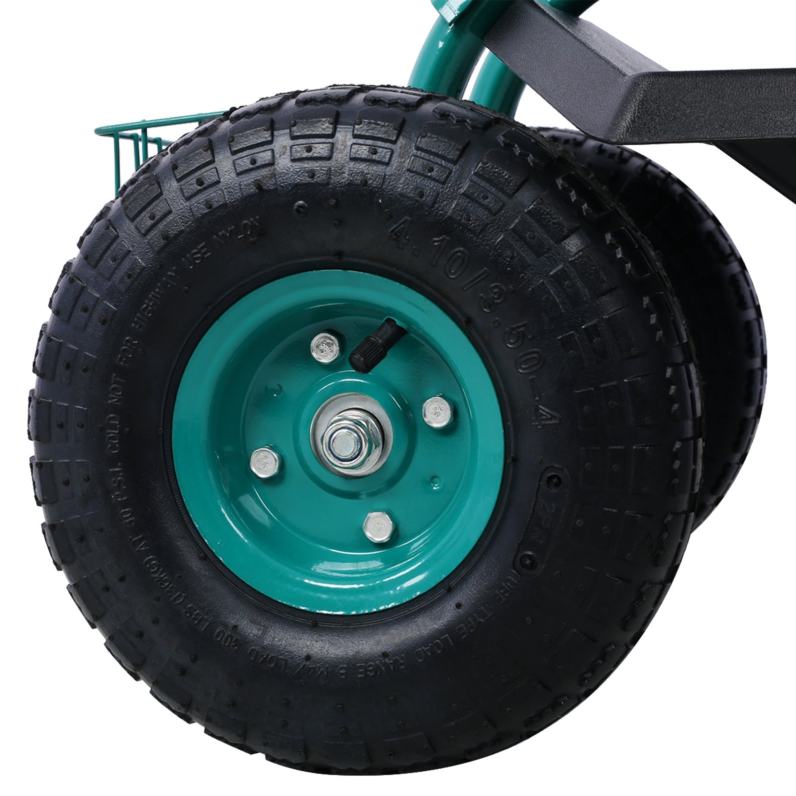Green Mercantile Mountain rolling garden scooter with wheels, tool tray, and 360 swivel seat for outdoor gardening tasks.