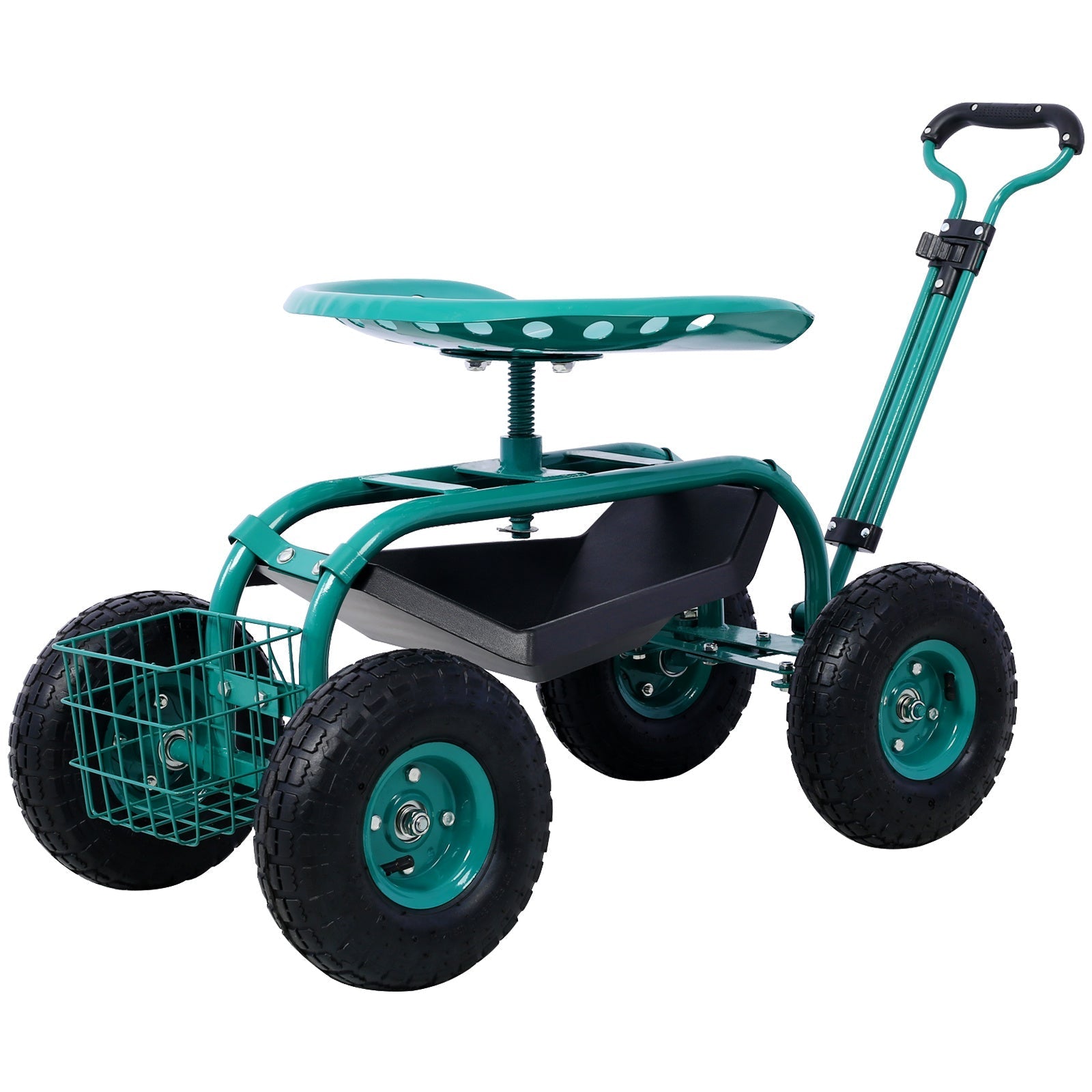 Mercantile Mountain rolling garden scooter cart with wheels, green seat, 360 swivel, tool tray for outdoor gardening and recreation.