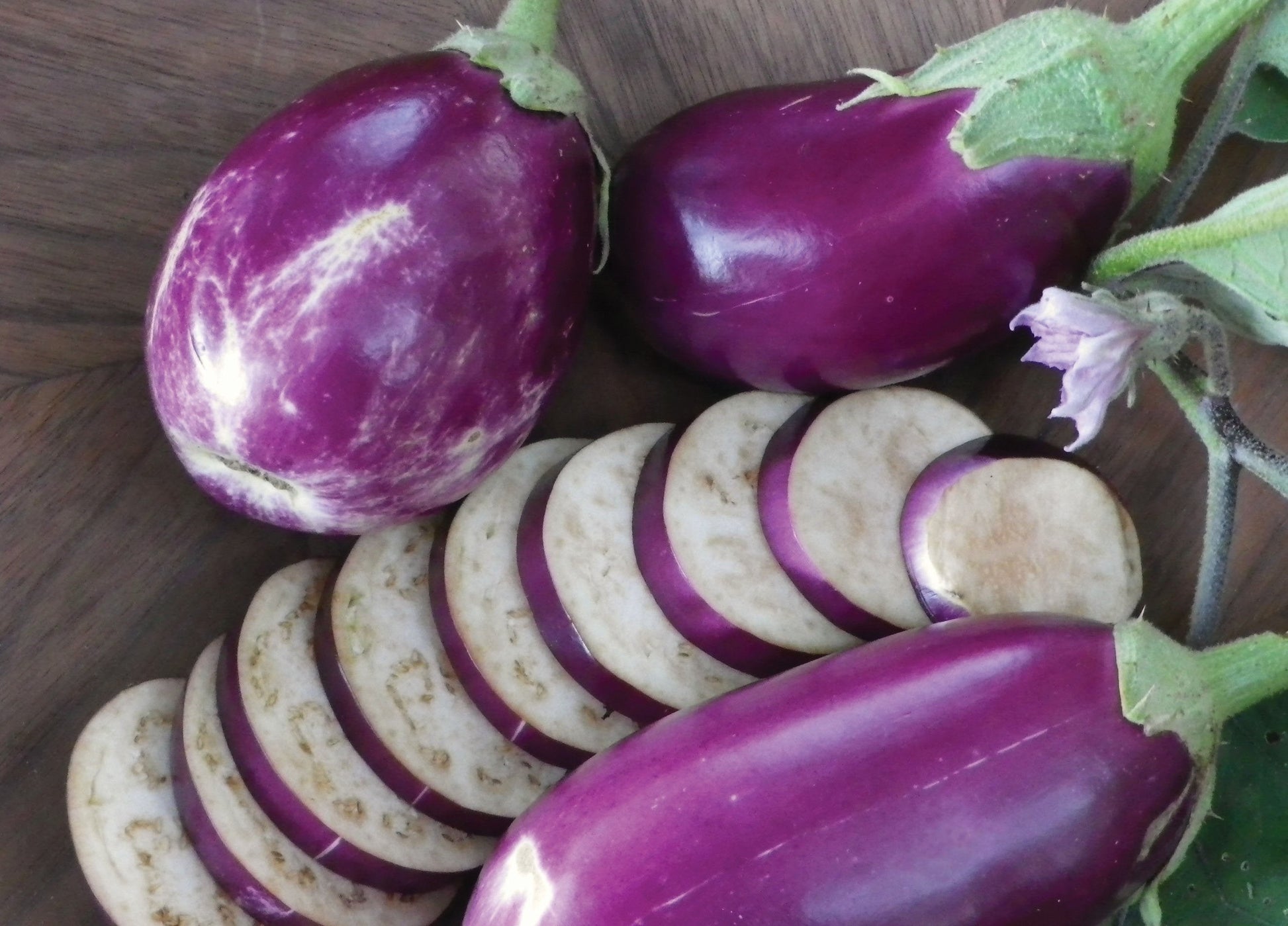 Fresh Rosita eggplant from MIgardener, showcasing vibrant purple skin and green stems on a white background.