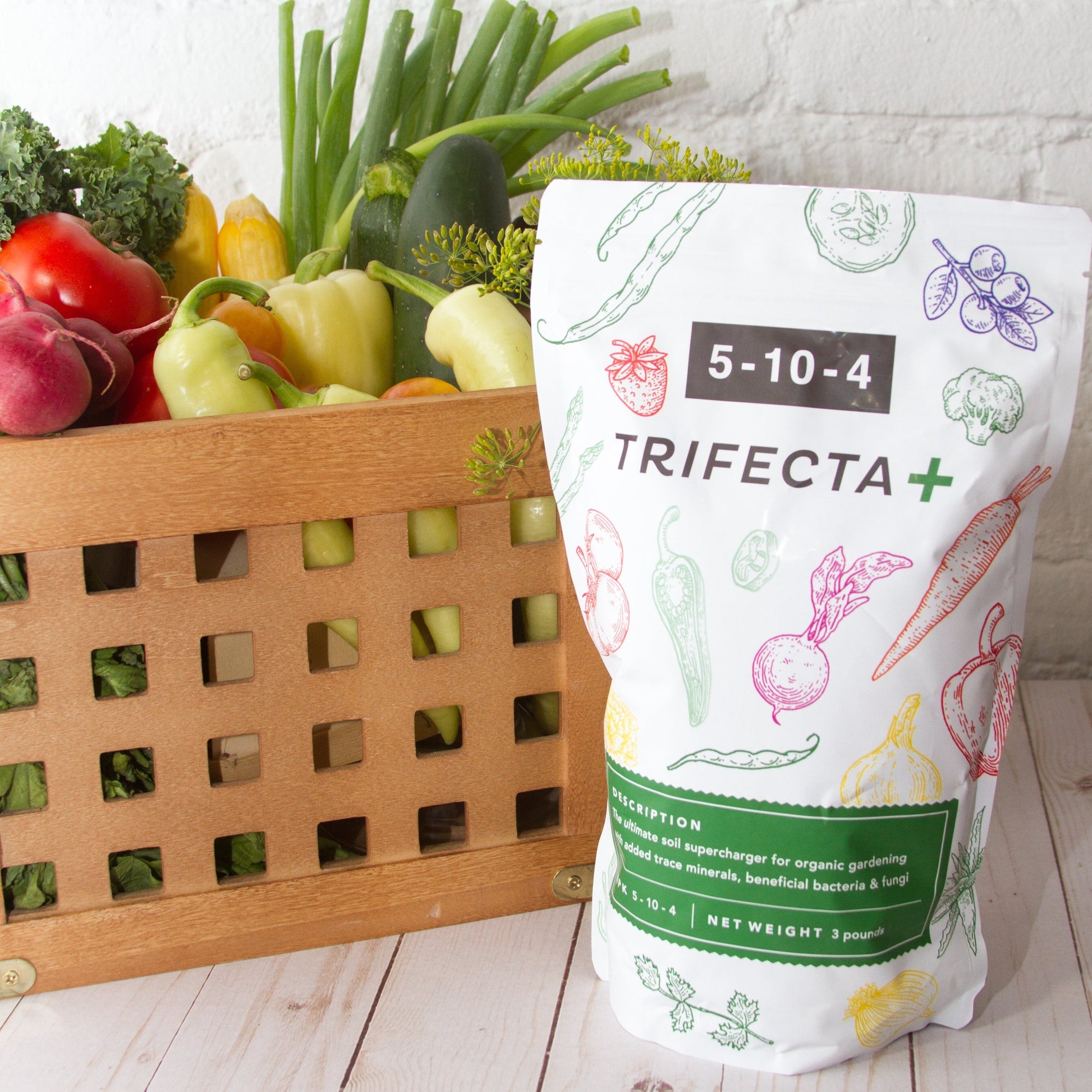 MIgardener Trifecta+ fertilizer bag showing 3lb package for healthy plant growth and nutrient-rich gardening.