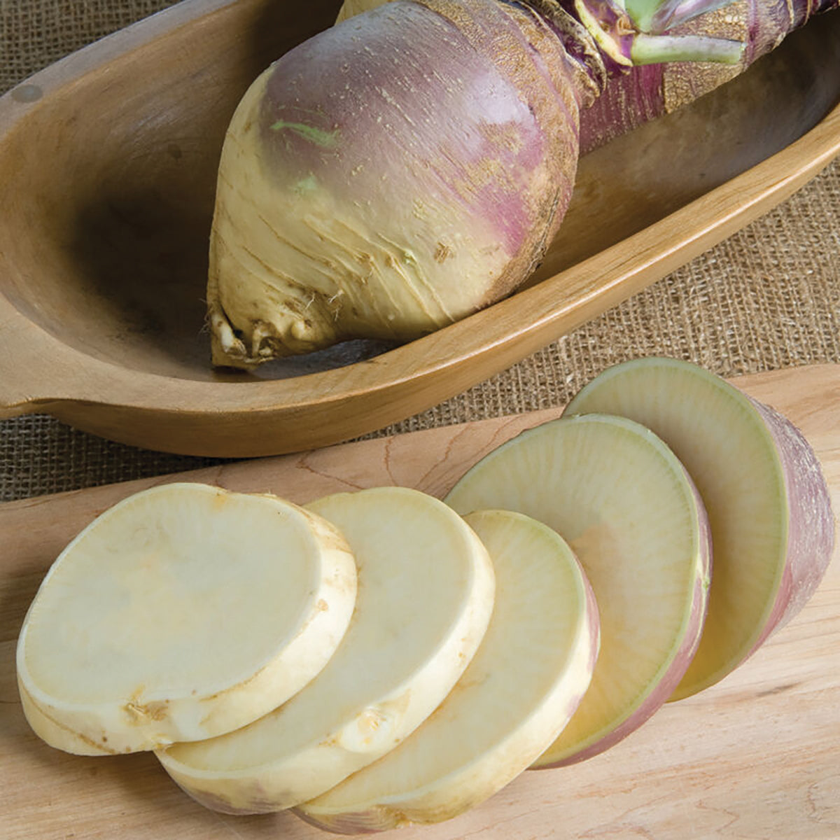 Fresh Laurentian rutabaga root from MIgardener, displaying its round shape, beige skin, and leafy green tops.