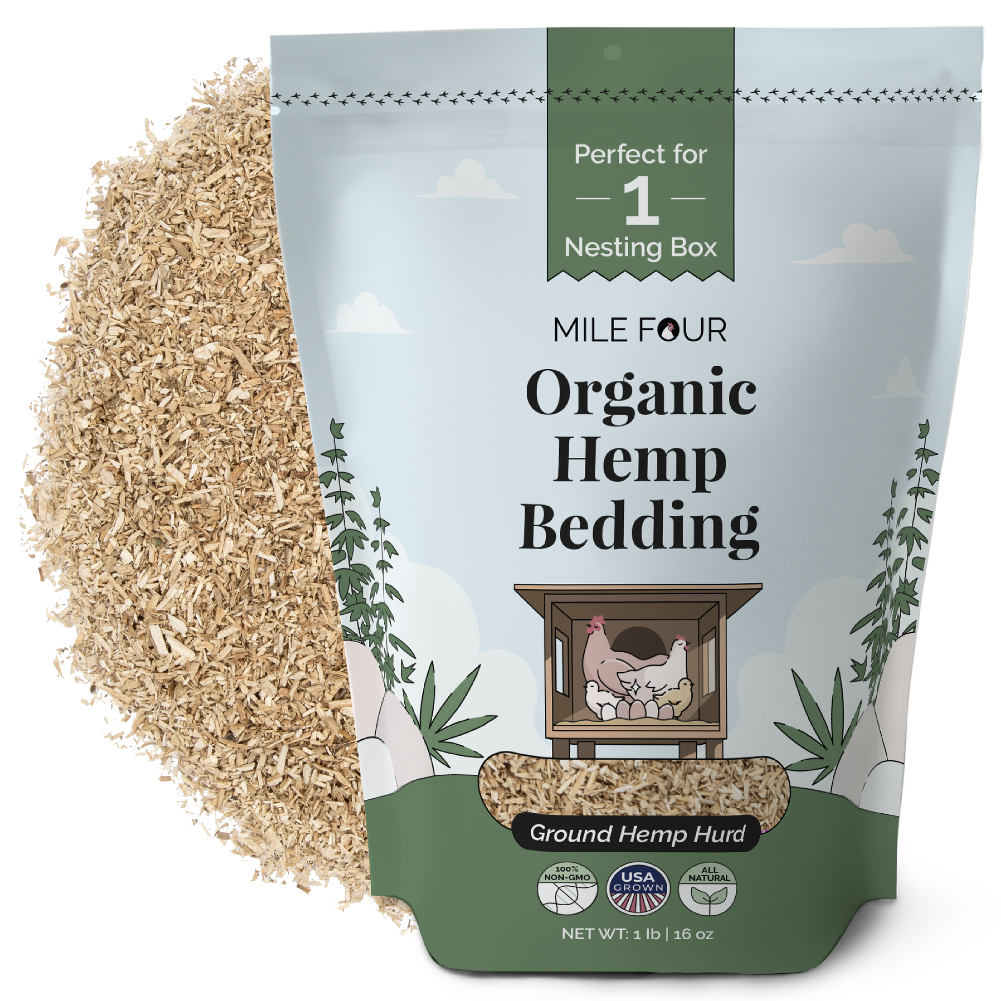 Mile Four hemp bedding for chicken coops, 44 lbs, natural and absorbent bedding for poultry, shown spread in a coop setting.