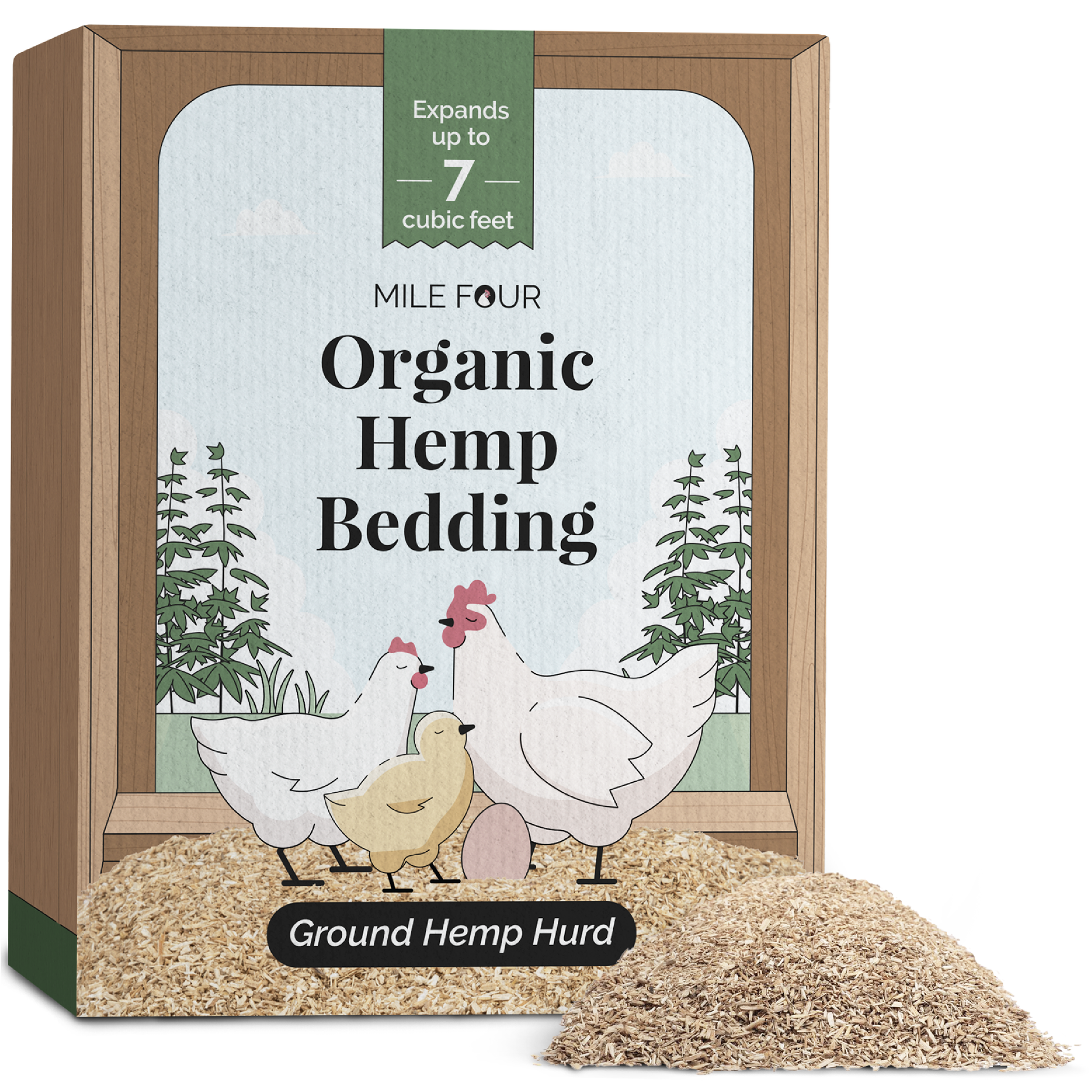 Mile Four hemp bedding for chicken coops, 44 lbs, natural organic bedding for poultry, showing clean hemp material in a coop setting.