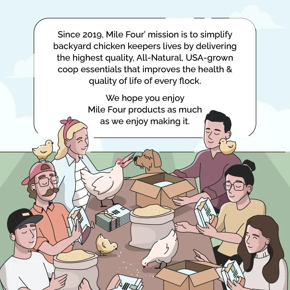 Mile Four hemp bedding for chicken coops, 44 lbs, natural chicken bedding with 440 liters of absorbent hemp material in a coop setting.