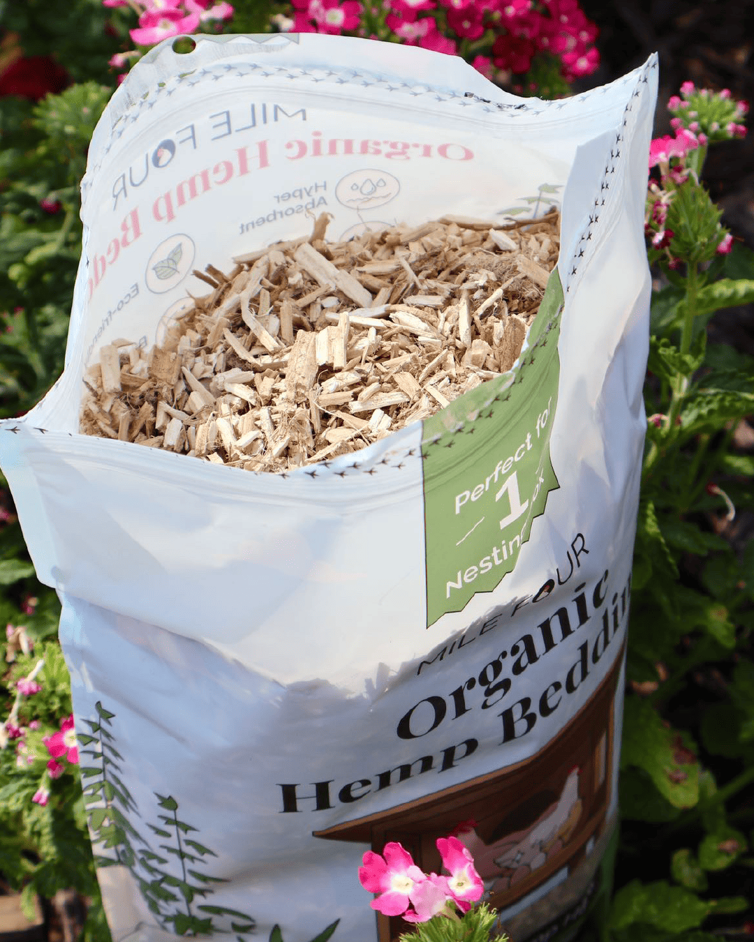 Mile Four hemp chicken bedding in 44 lbs bag, ideal for chicken coops, providing natural, absorbent bedding for poultry.