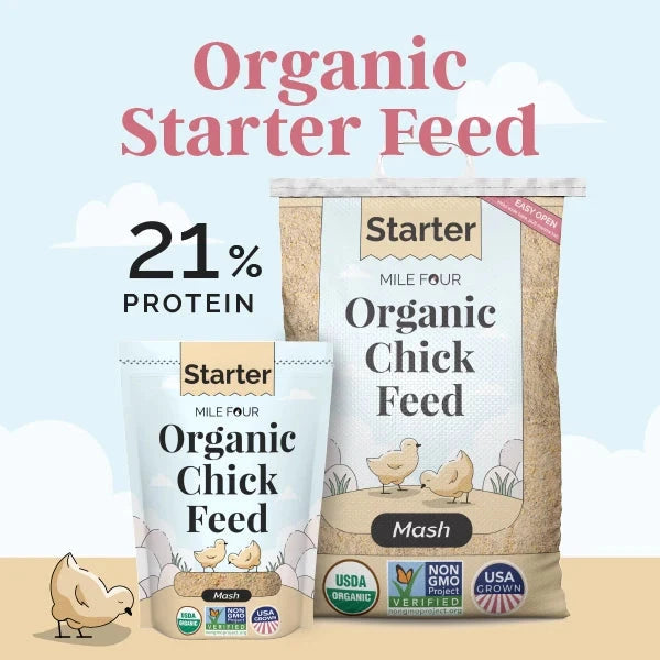 Mile Four Starter Organic Chicken Feed in 2 lbs bag, chicken feed mash for young poultry, organic and nutrient-rich.