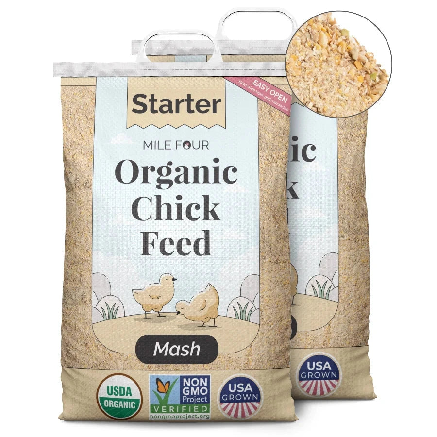 Mile Four Starter Organic Chicken Feed in 2 lbs bag, showing organic mash for young chickens