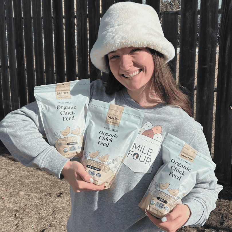 Mile Four Starter Organic Chicken Feed mash in a 2-lb bag, designed for healthy organic poultry nutrition